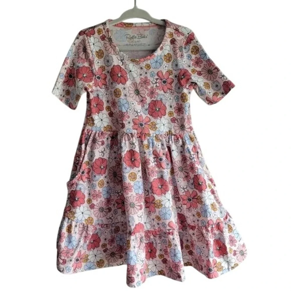 RuffleButts Kids 2T Pink Floral Tiered‎ Short Sleeve Pocket Dress Cotton Blend
